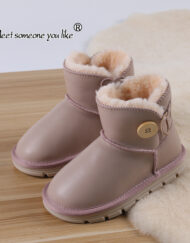 Baby Kids Solid Leather Fleece Lining Winter Boots